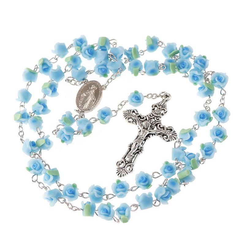 YWLI Rosary Beads Catholic - 6 Color, Confirmation Gifts for Teenage Girl, Charm Polymer Clay Rose Necklace Jewelry, Silver Alloy Cross Necklace for Women, Gifts for Women - Image 1